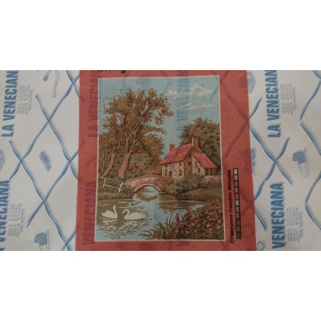 CAÑAMAZO  MEDIO PUNTO 30.40 CM PAISAJE CON CASA Y PUENTE