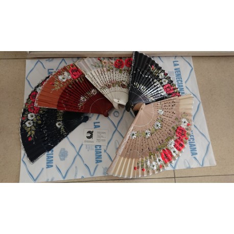 ABANICO MADERA FLORES 23 CM