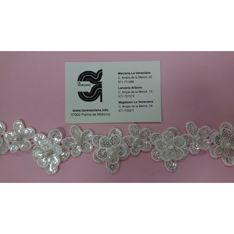 GUIPUR LENTEJUELA Y PERLAS · 4CM · BLANCO