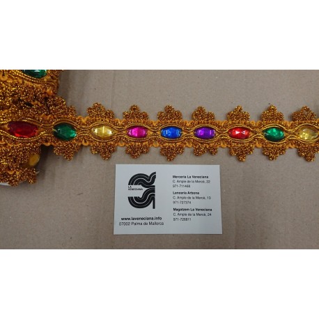GALON METALIZADO CON PIEDRAS DORADO DE 5 CM